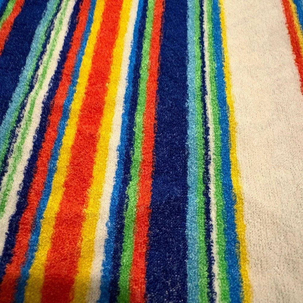 Vintage 1950s 60s Striped Multicol Terry Cloth Tablecloth 62x78 MCM Retro Picnic